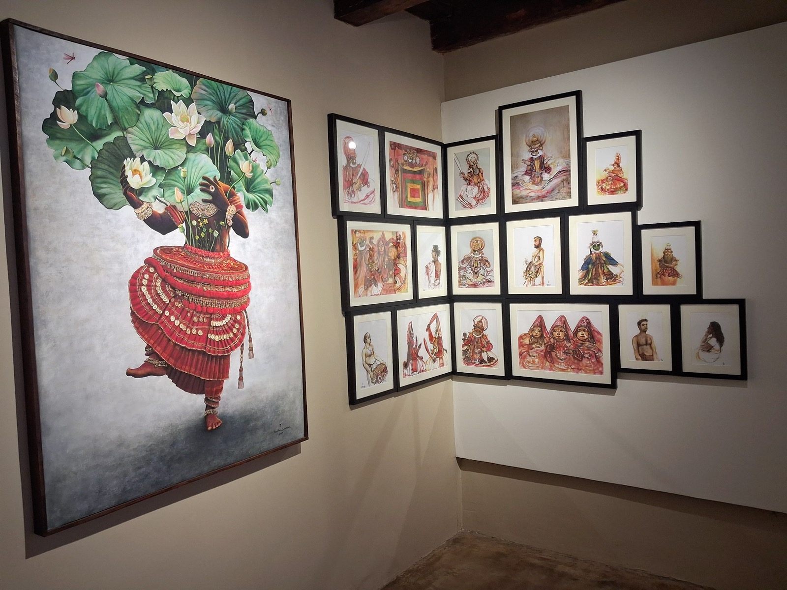 Art Kochi gallery wall with Kathakali-inspired artwork and framed studies