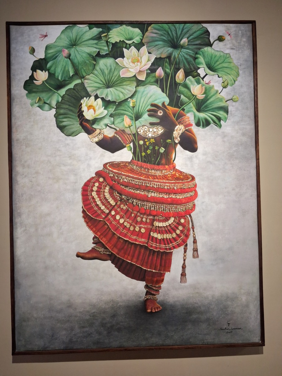 Kathakali-inspired artwork with lotus leaves and flowers