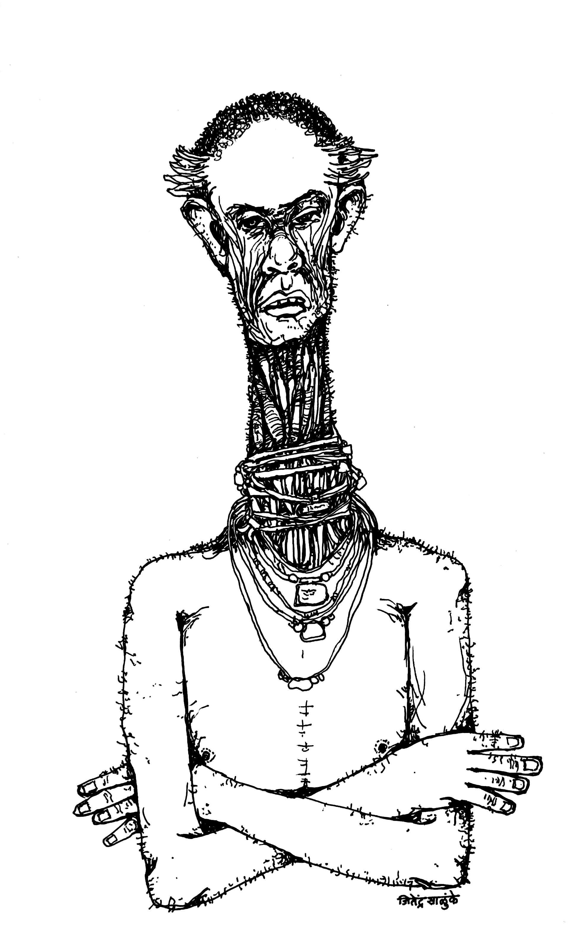 An elongated figure with a bound neck and crossed arms
