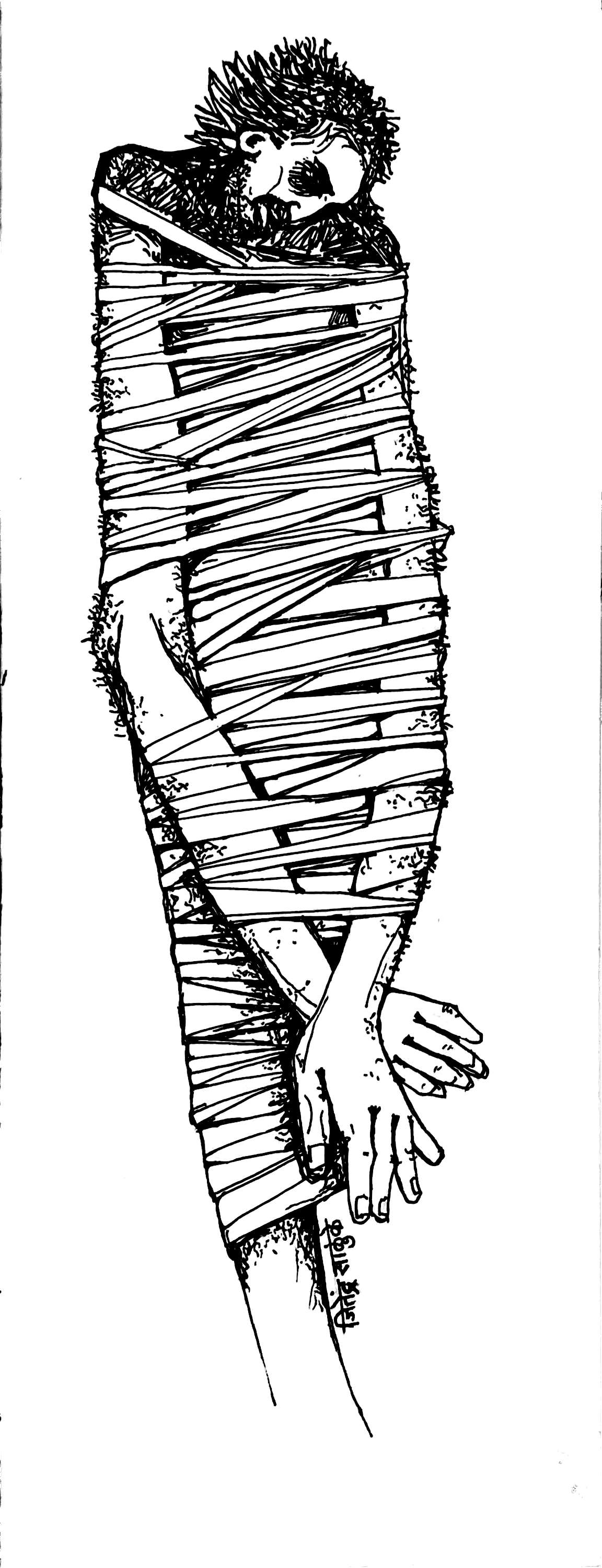 A human figure tightly wrapped in bands