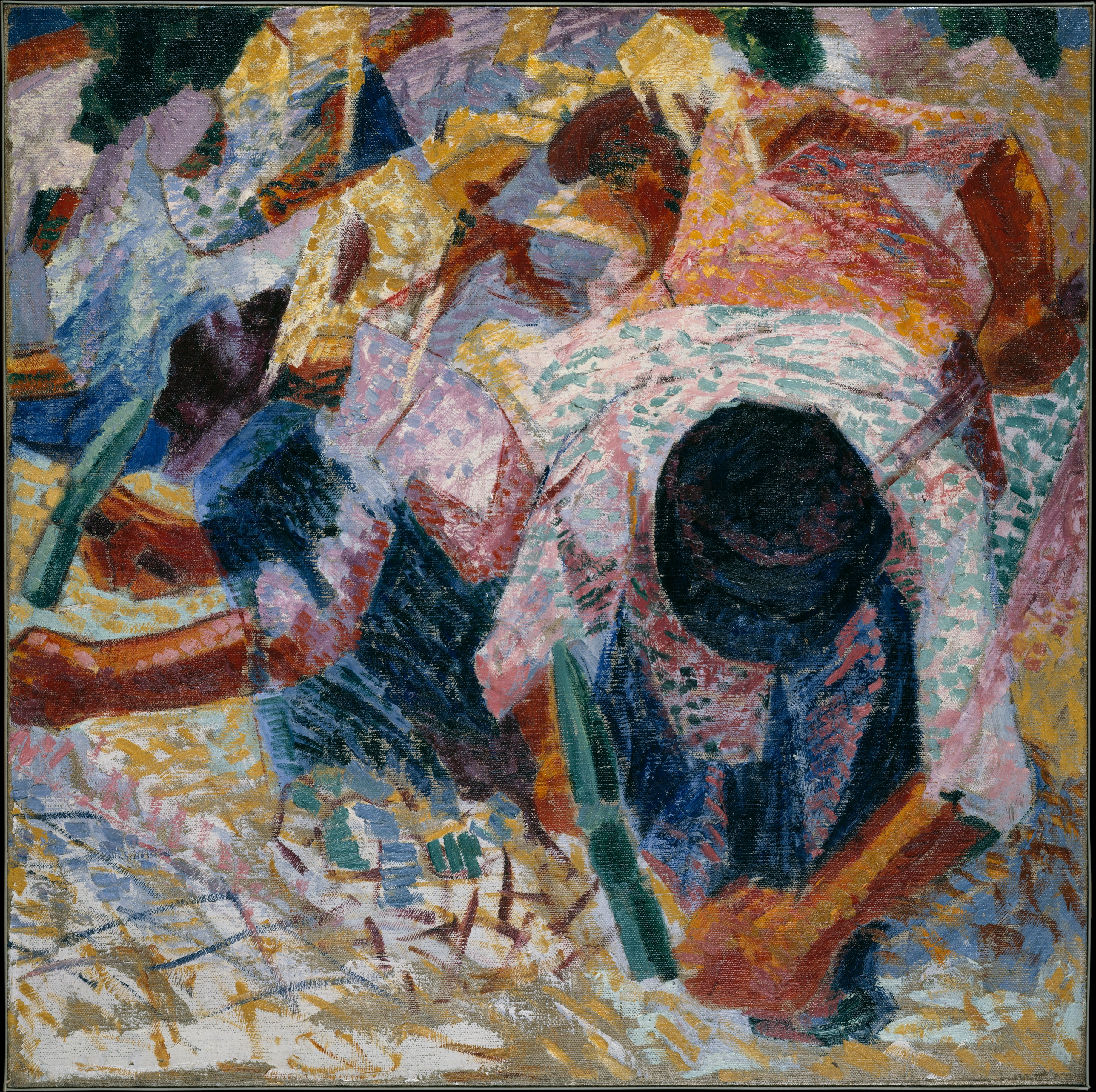 Street pavers at work rendered as fractured planes of color and movement