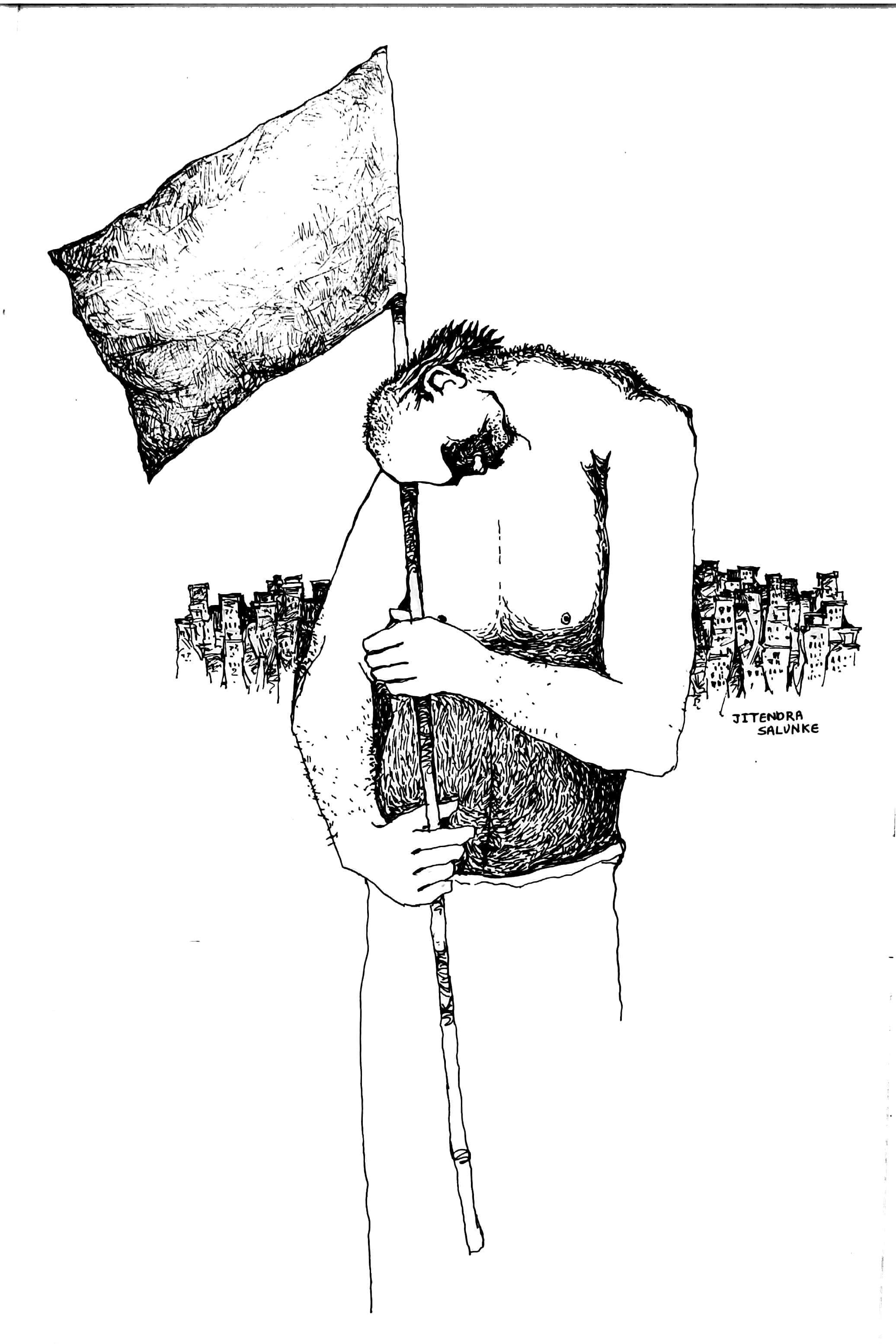 A bowed figure holding a blank flag before a city