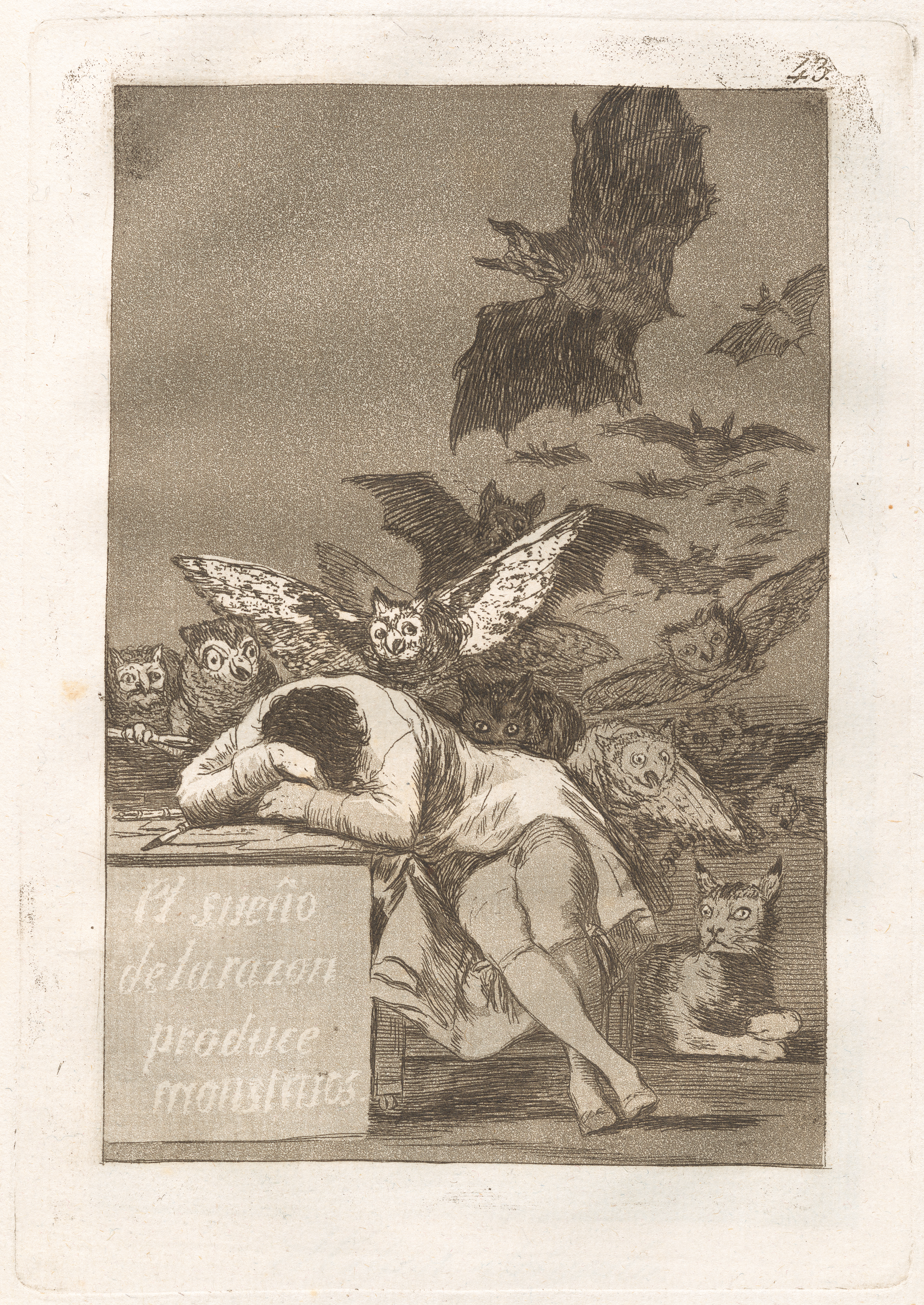 A sleeping figure surrounded by owls, bats, and other creatures