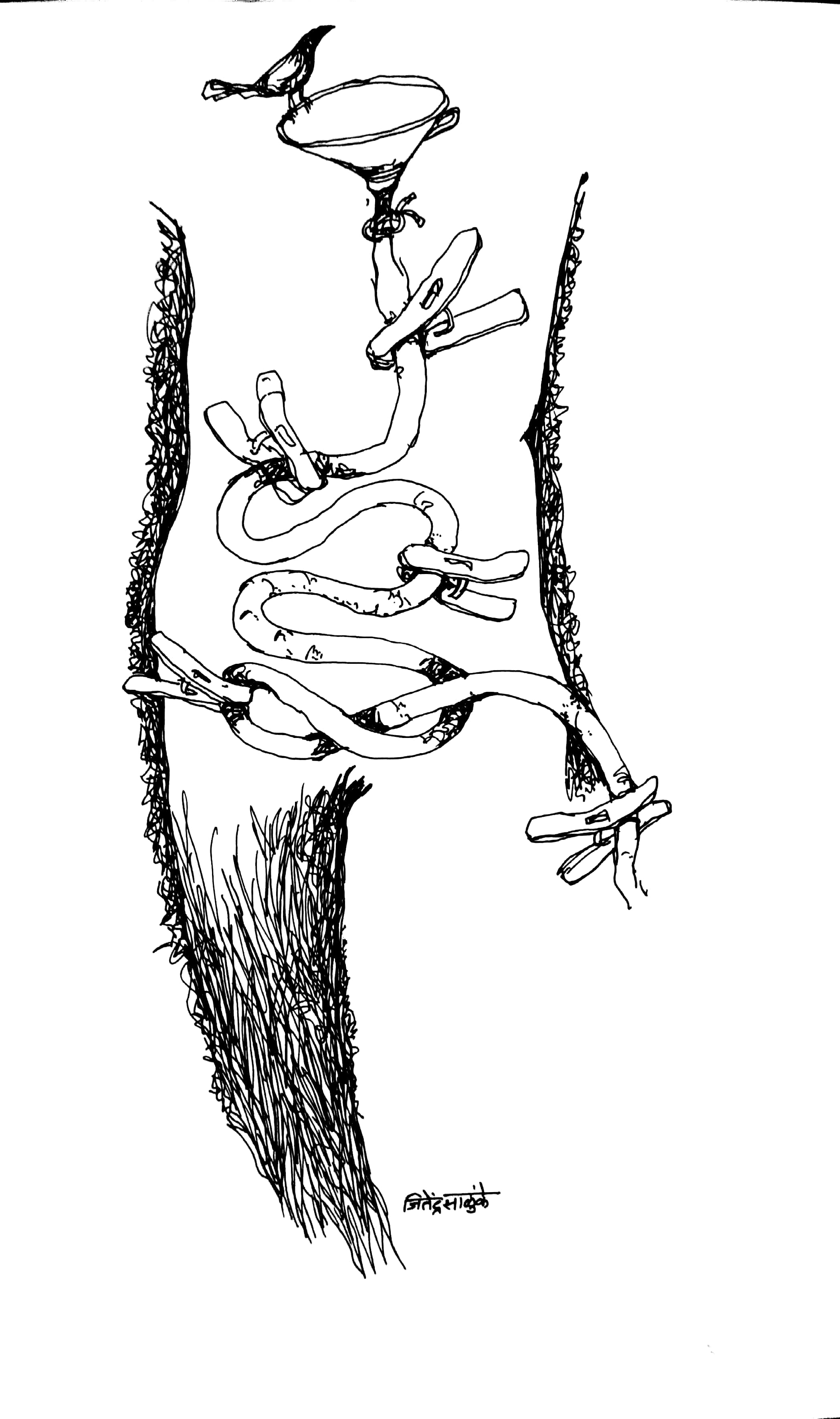 A branching form made of hands beneath a bird