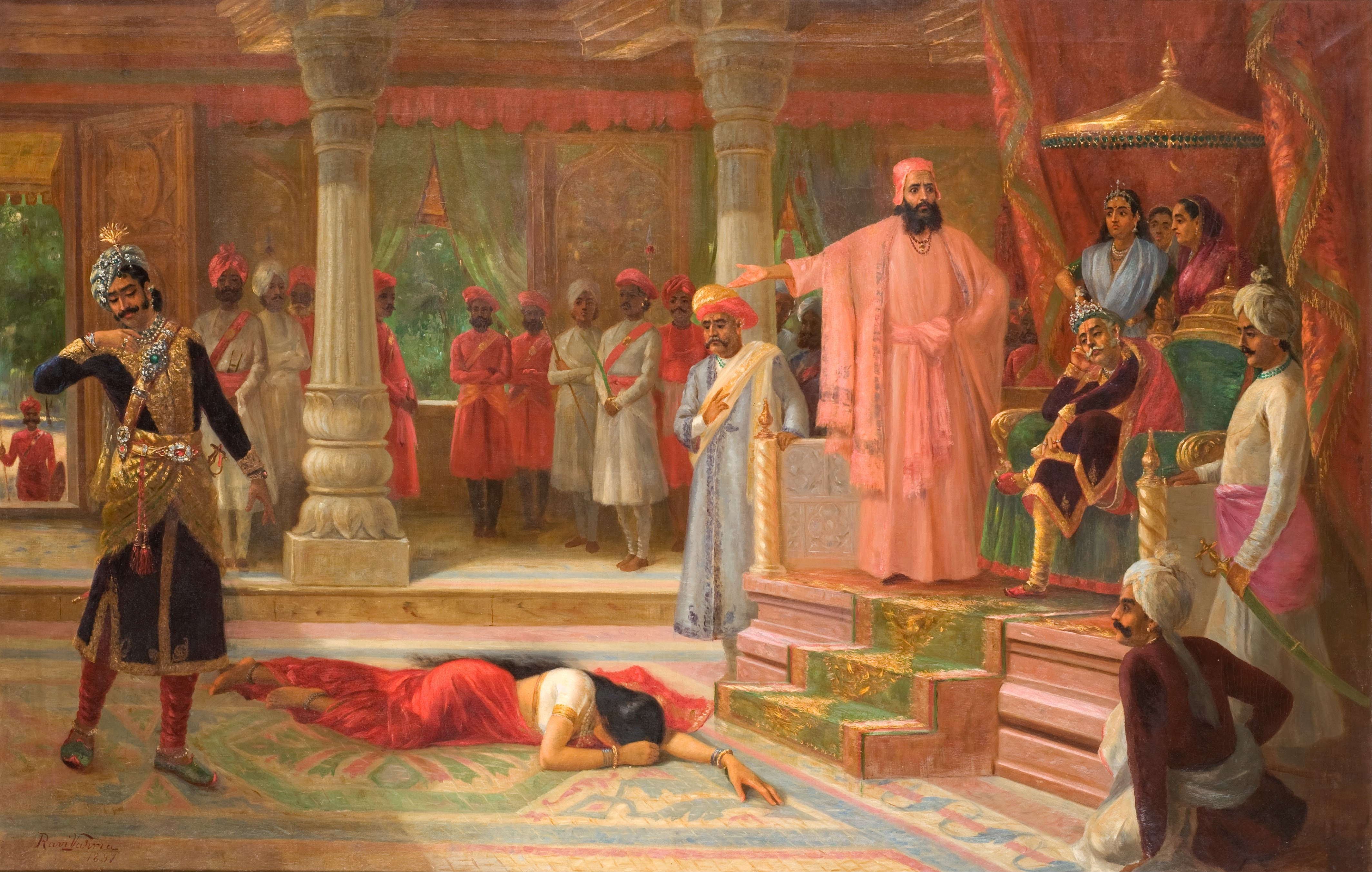 Draupadi recoils as Kichaka confronts her in Virata's palace