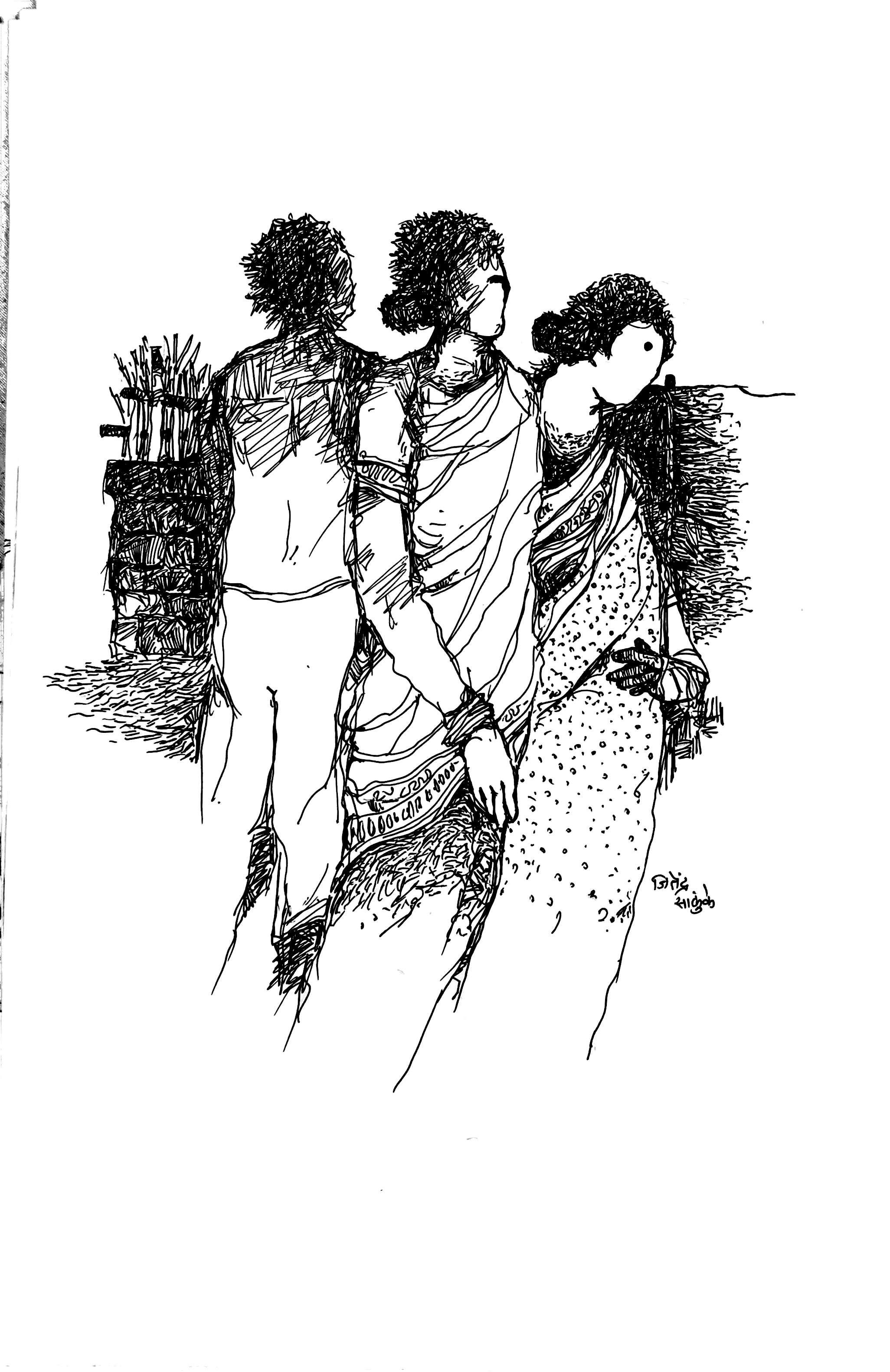 Three partially obscured figures standing together