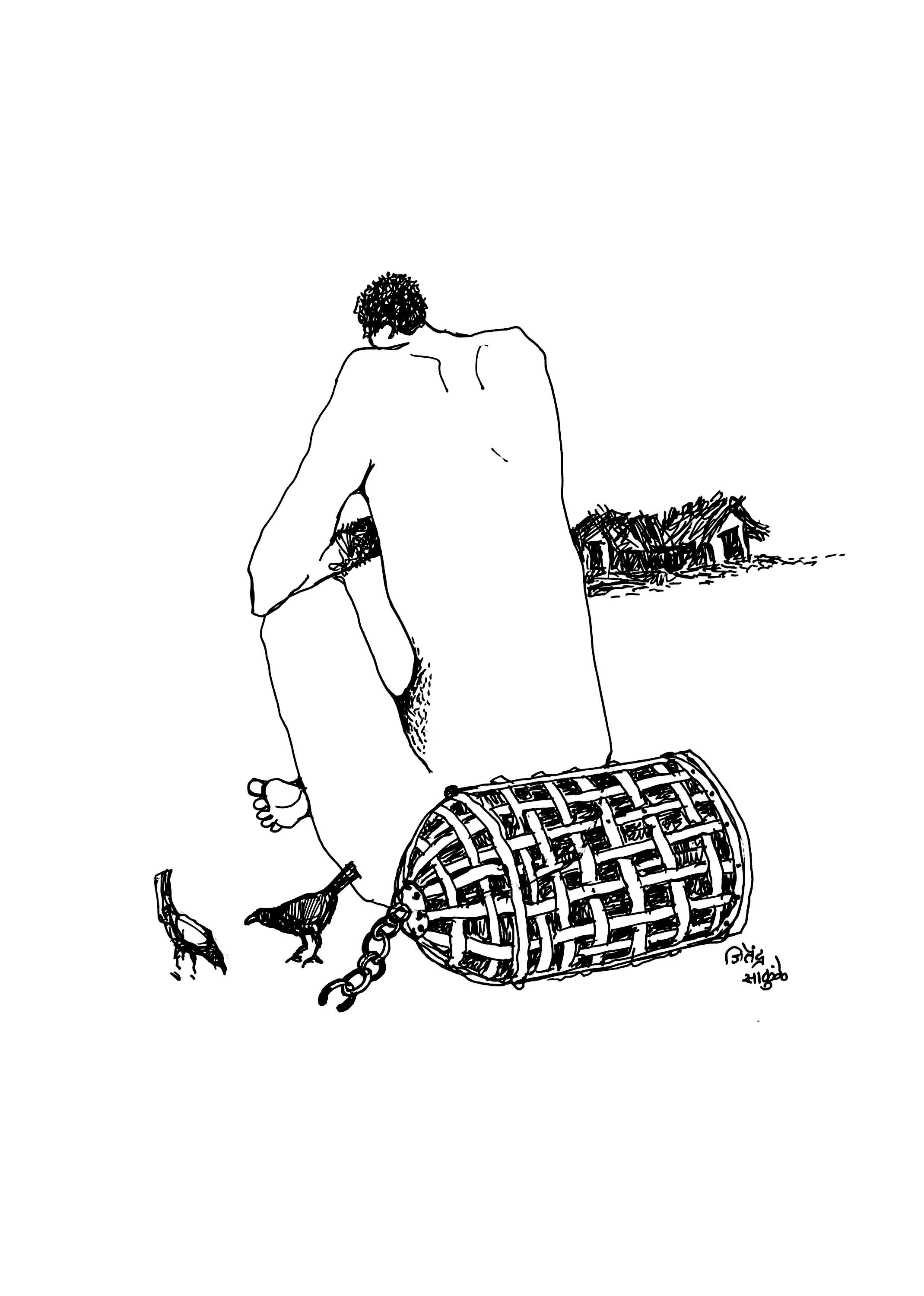 A figure pulling a chained woven basket