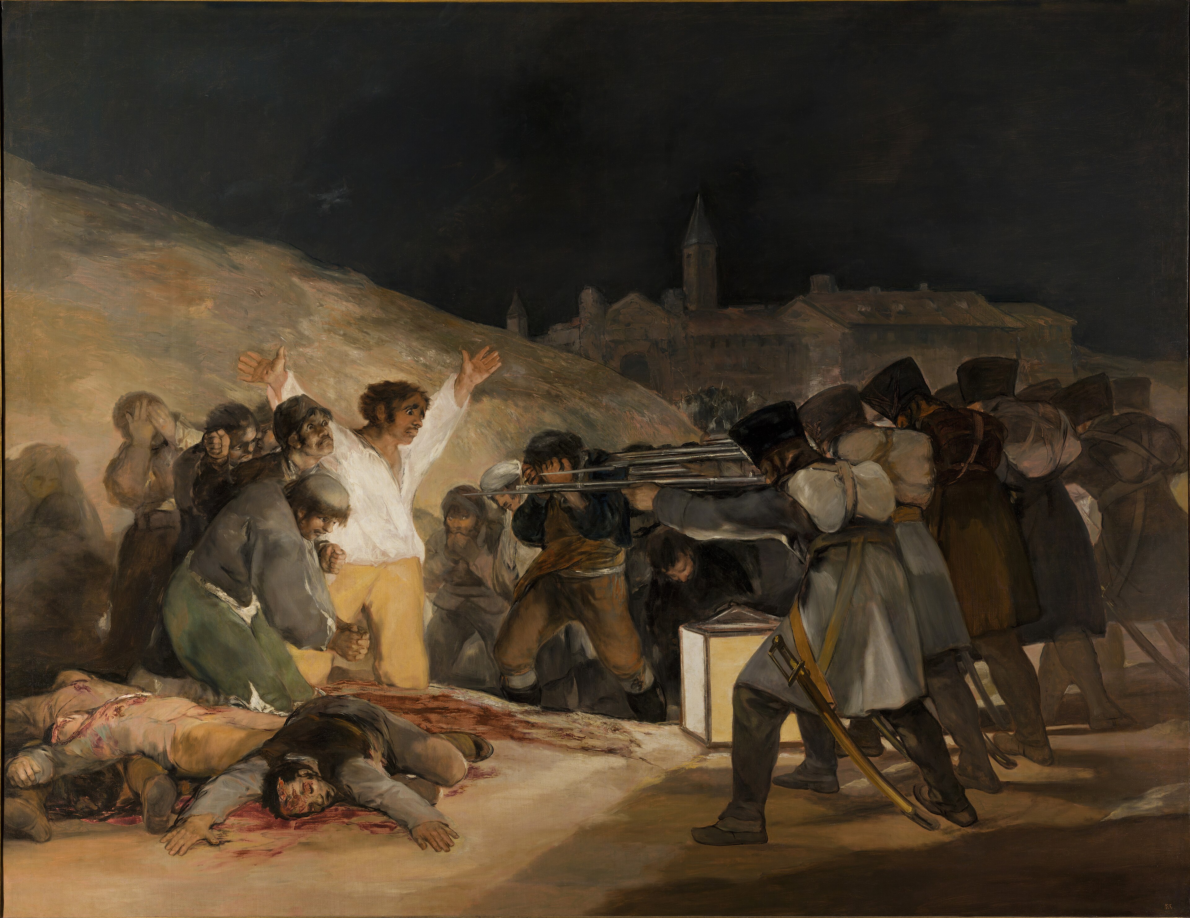 A firing squad faces a group of civilians at night
