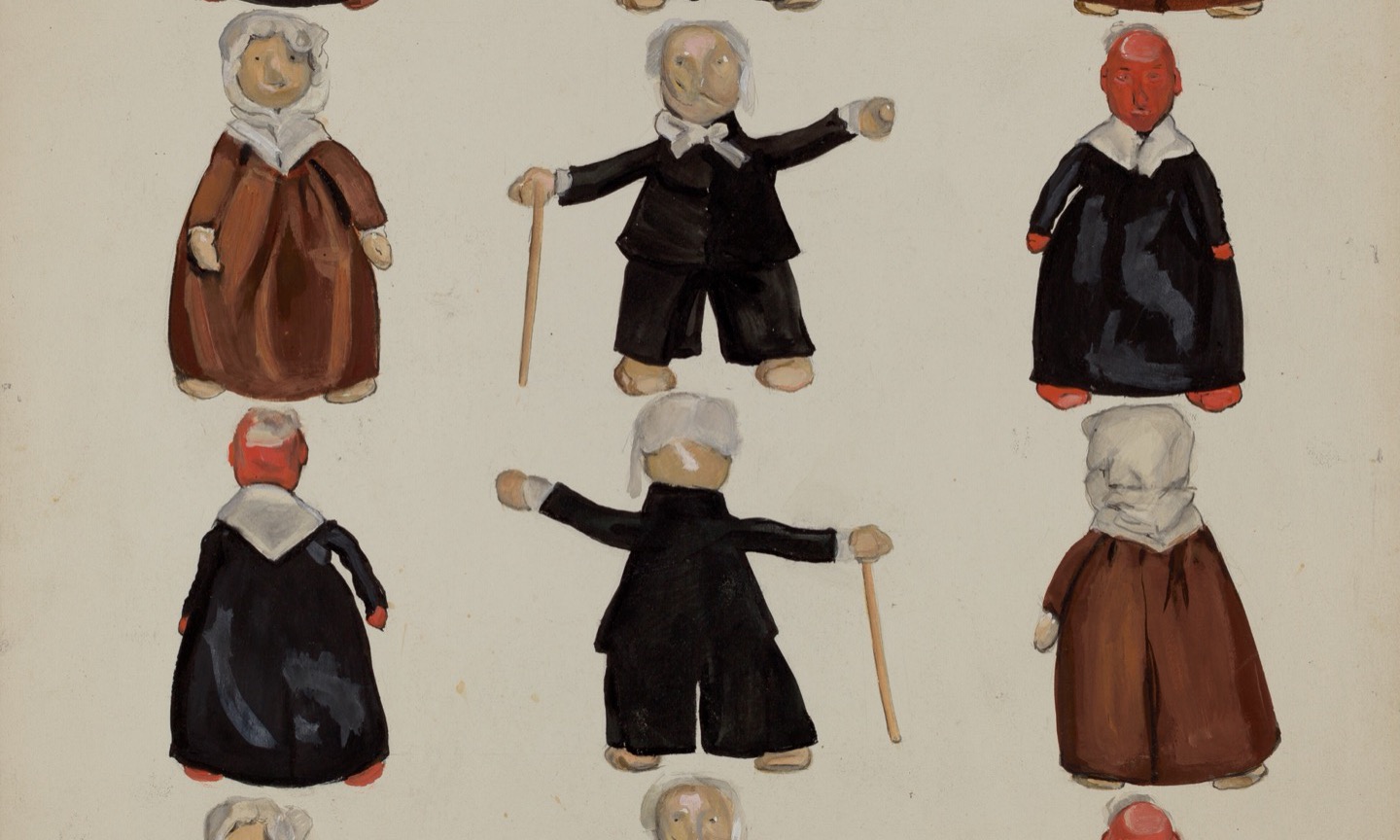 Jane Iverson’s watercolor study of rows of handmade dolls in dark and rust-colored clothing