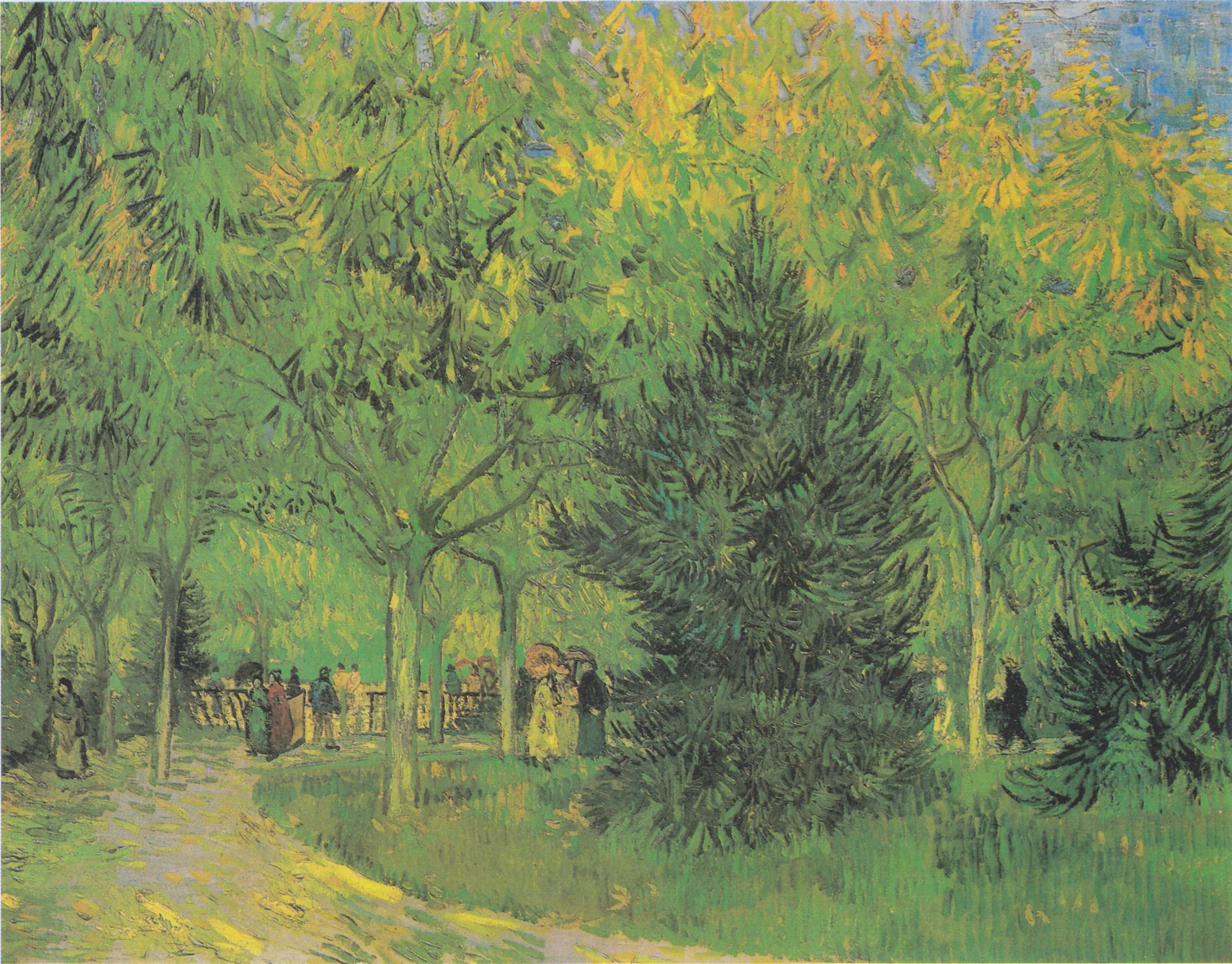A sunlit path winding through a green public garden with figures beneath trees