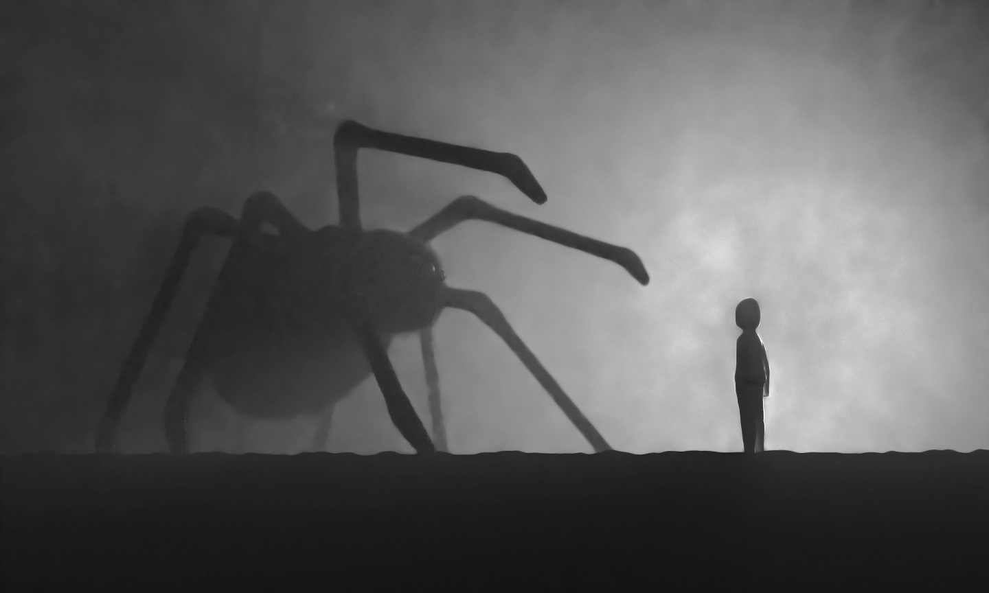 A solitary figure entering a dark passage framed by concrete walls
