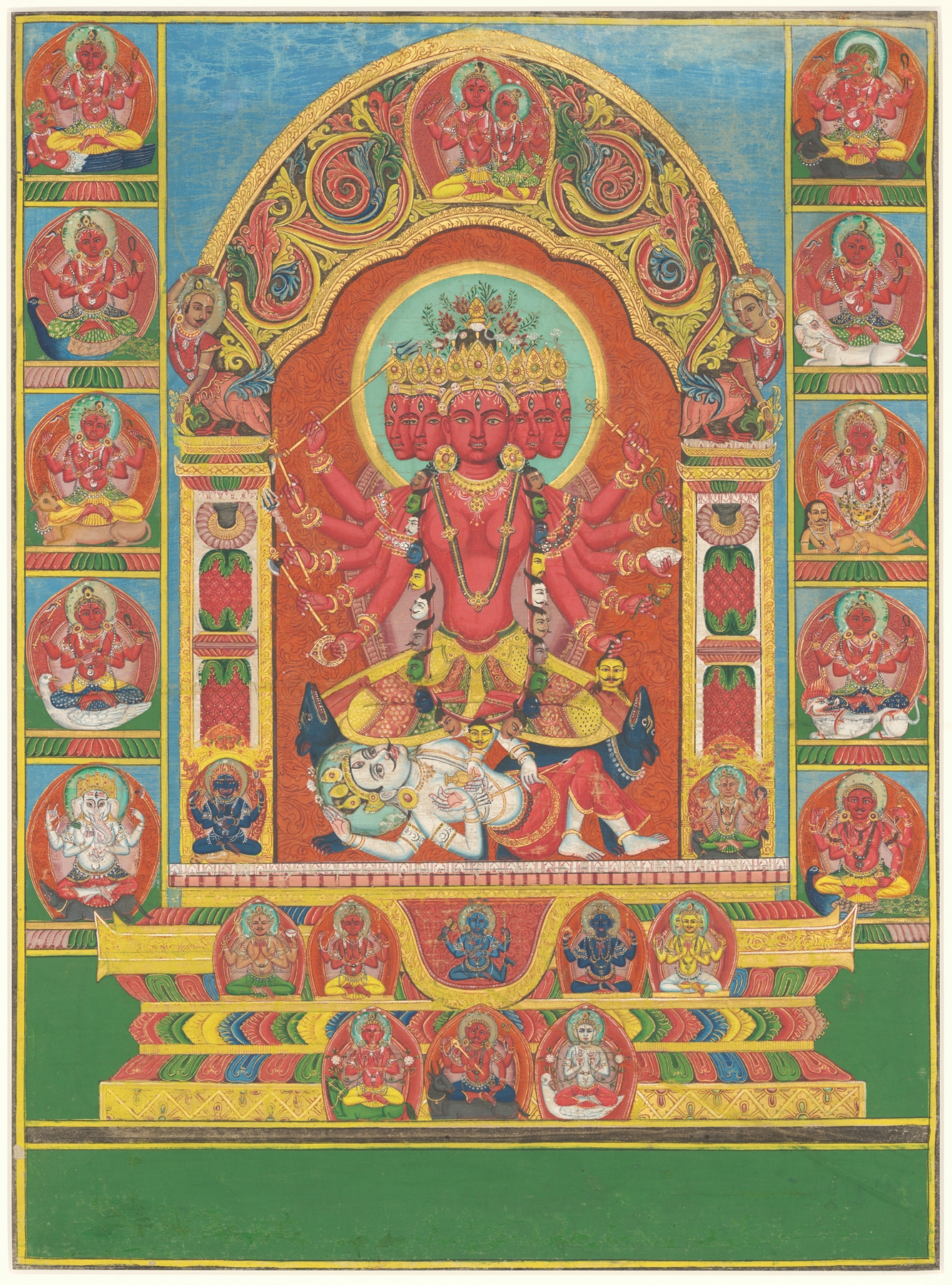 The goddess Tripurasundari seated within an ornate shrine